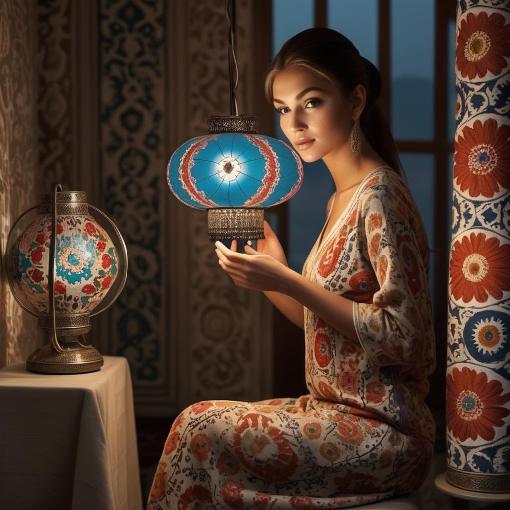 A stunning image of uzbek model donning a contemporary twist on traditional suzani glowing in soft lamp-light.