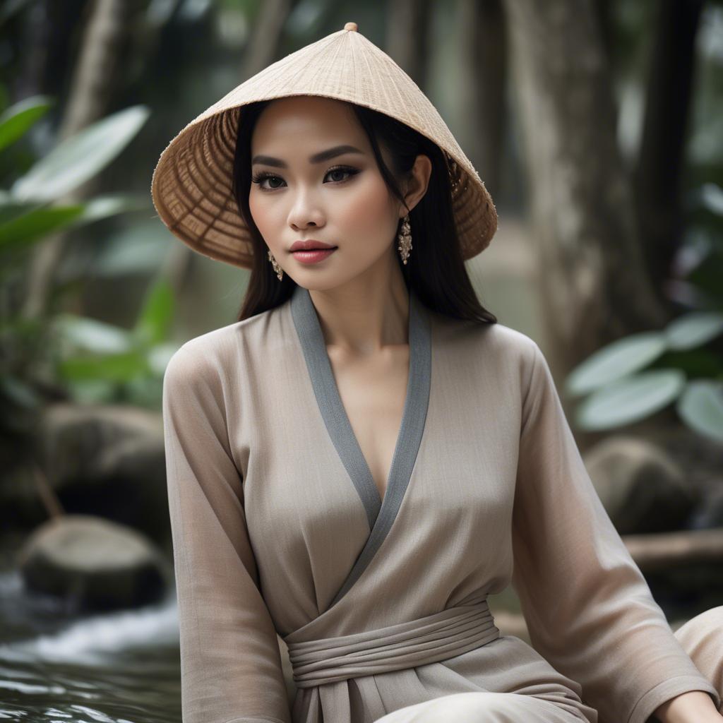 A stunning image of vietnamese elegance in flowing natural fabrics.