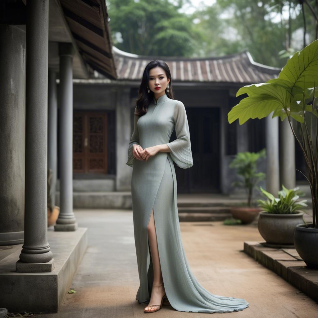 A stunning image of vietnamese elegance in flowing natural fabrics.