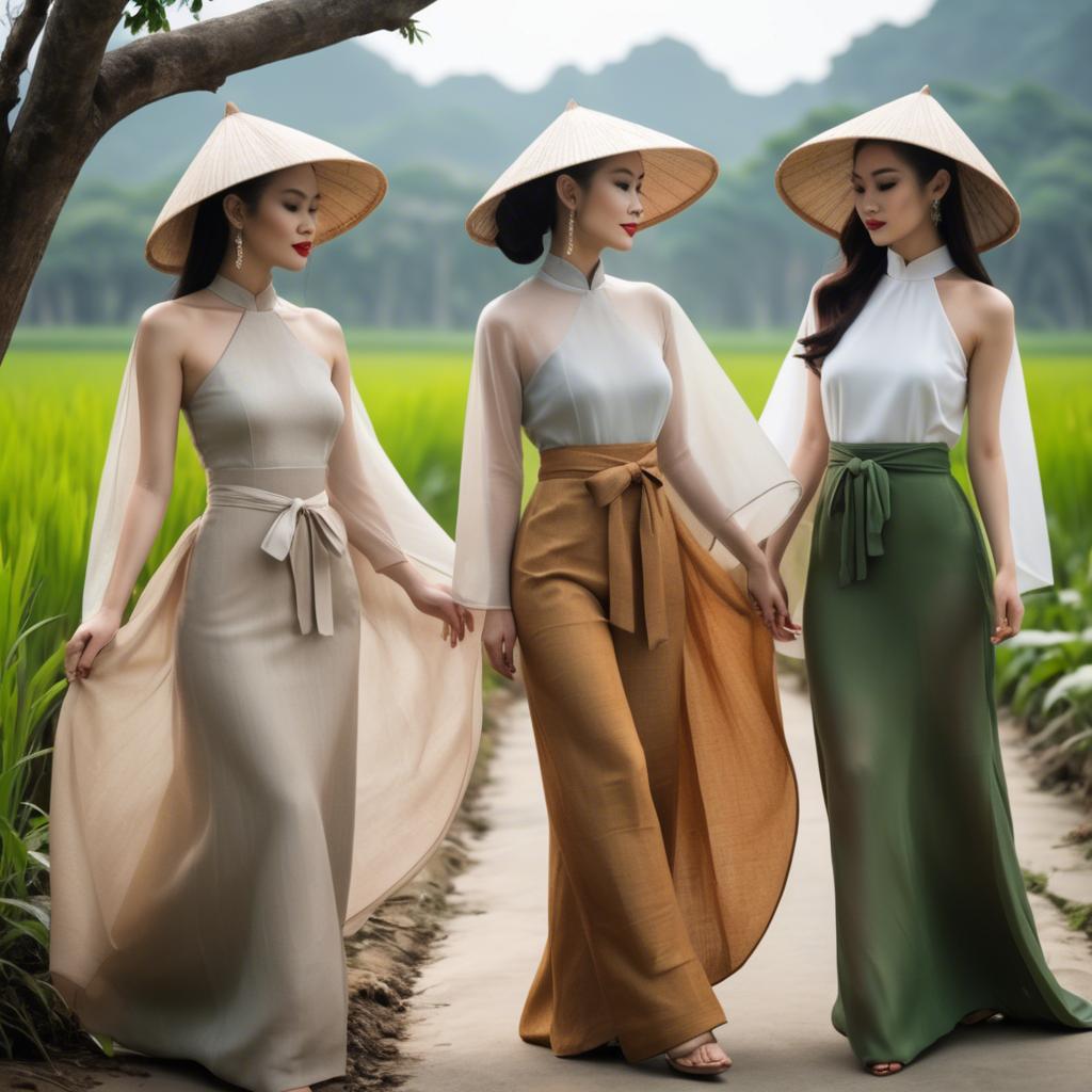 A stunning image of vietnamese elegance in flowing natural fabrics.