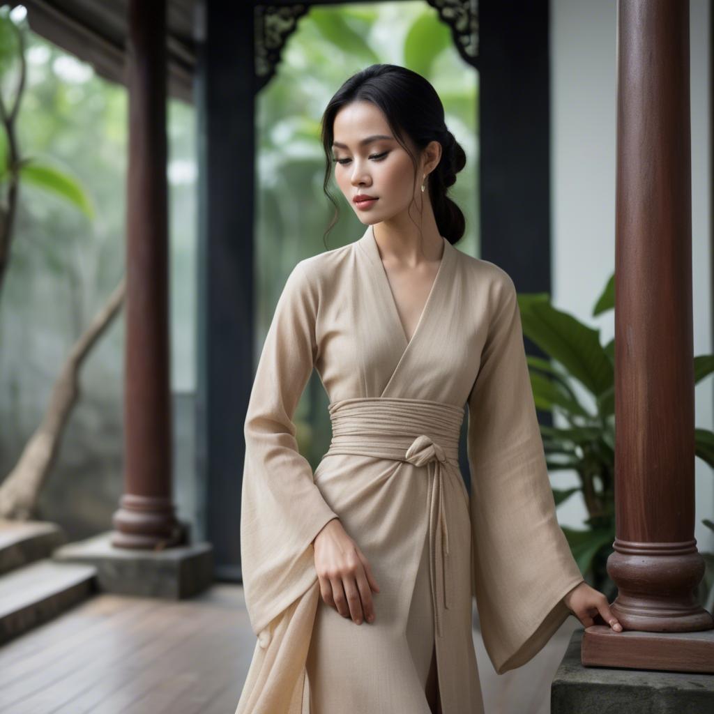 A stunning image of vietnamese elegance in flowing natural fabrics.