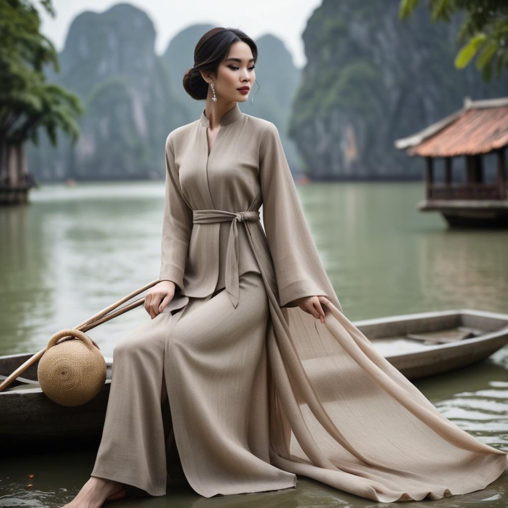 A stunning image of vietnamese elegance in flowing natural fabrics.
