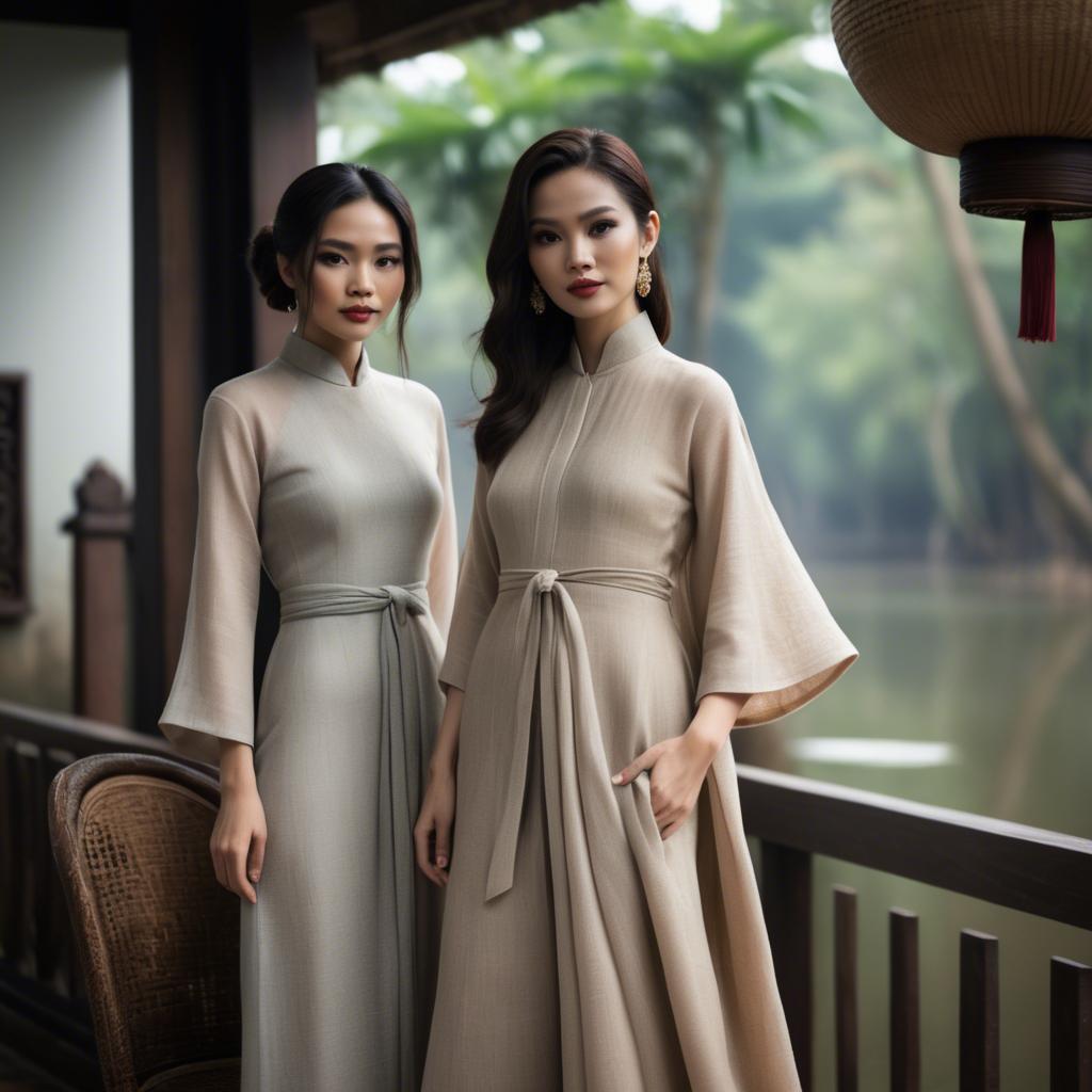 A stunning image of vietnamese elegance in flowing natural fabrics.