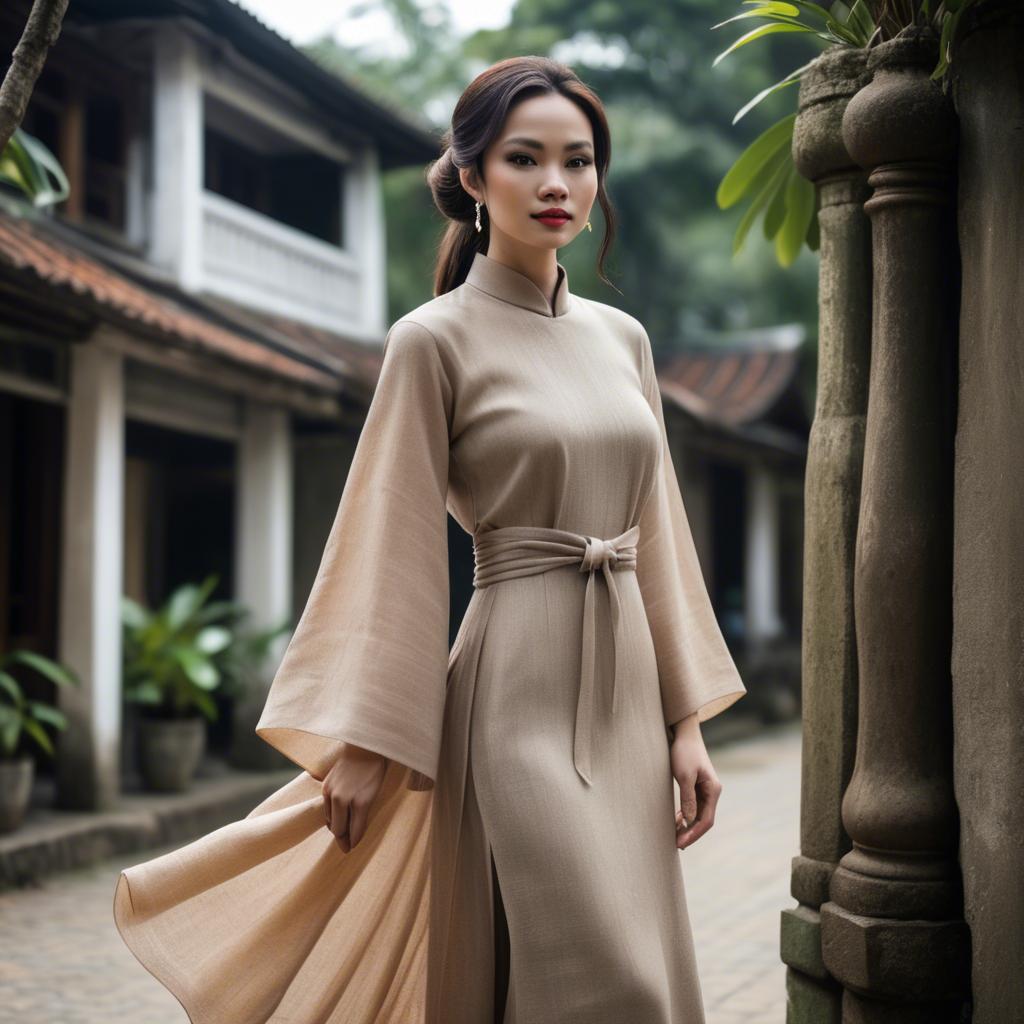 A stunning image of vietnamese elegance in flowing natural fabrics.