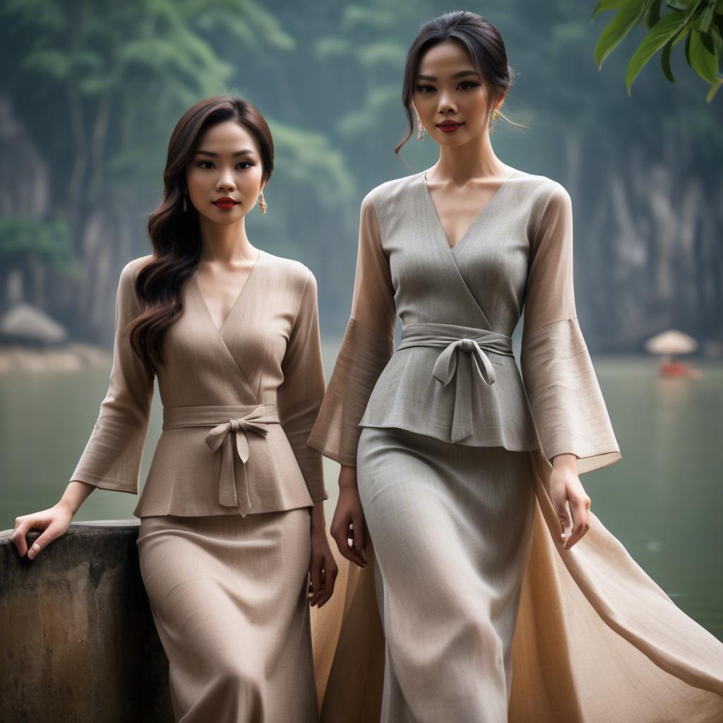 A stunning image of vietnamese elegance in flowing natural fabrics.