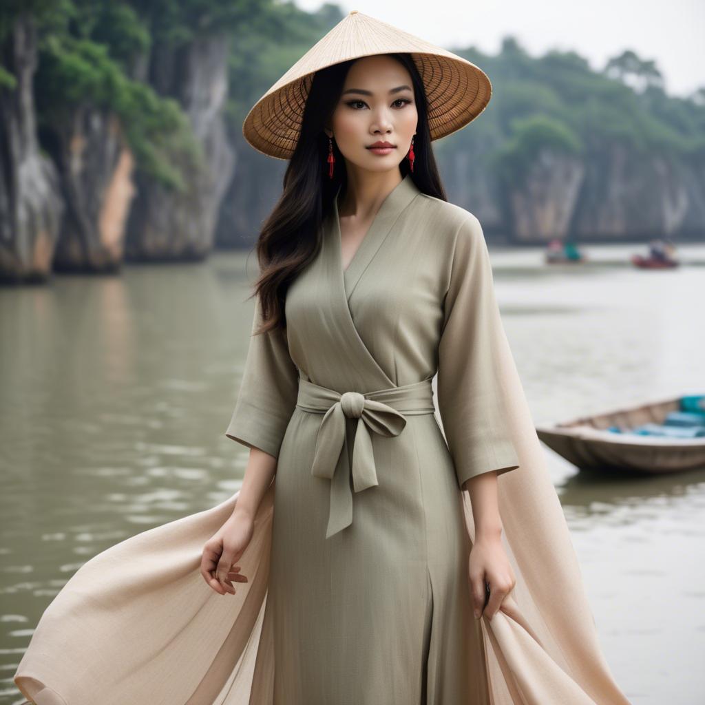 A stunning image of vietnamese elegance in flowing natural fabrics.