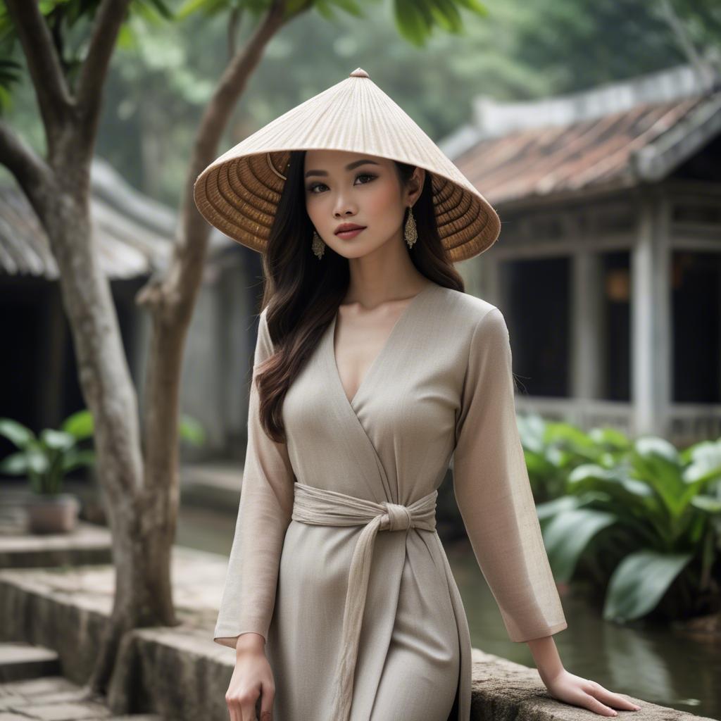 A stunning image of vietnamese elegance in flowing natural fabrics.