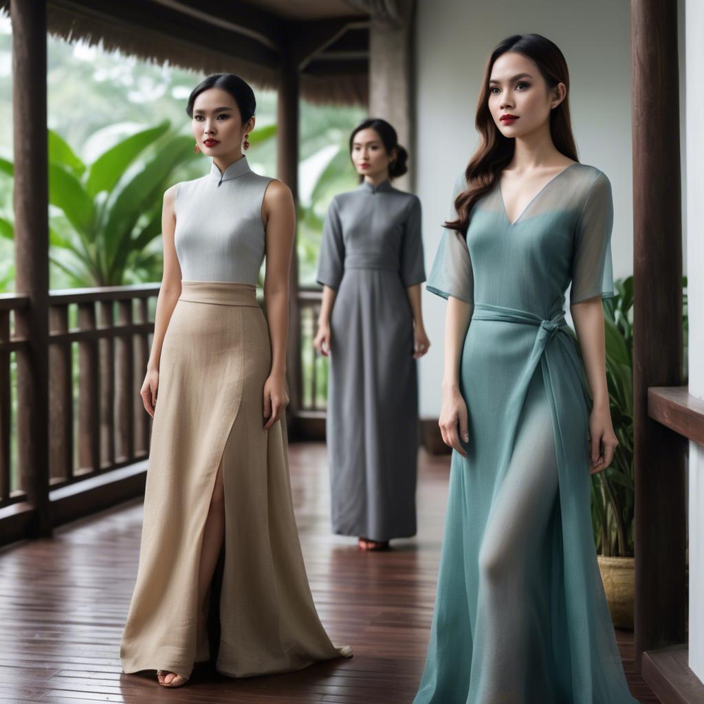A stunning image of vietnamese elegance in flowing natural fabrics.