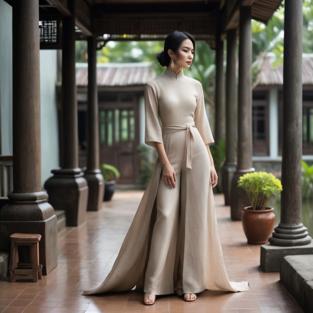 A stunning image of vietnamese elegance in flowing natural fabrics.