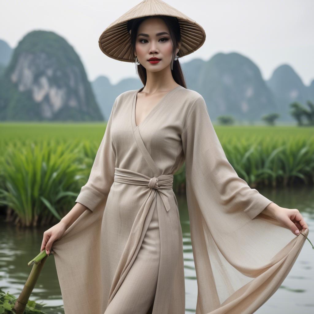 A stunning image of vietnamese elegance in flowing natural fabrics.