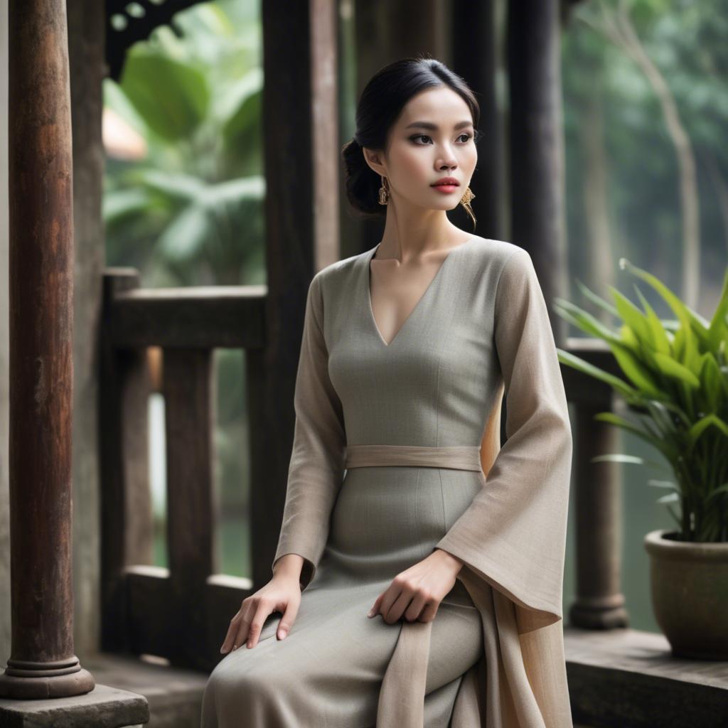 A stunning image of vietnamese elegance in flowing natural fabrics.