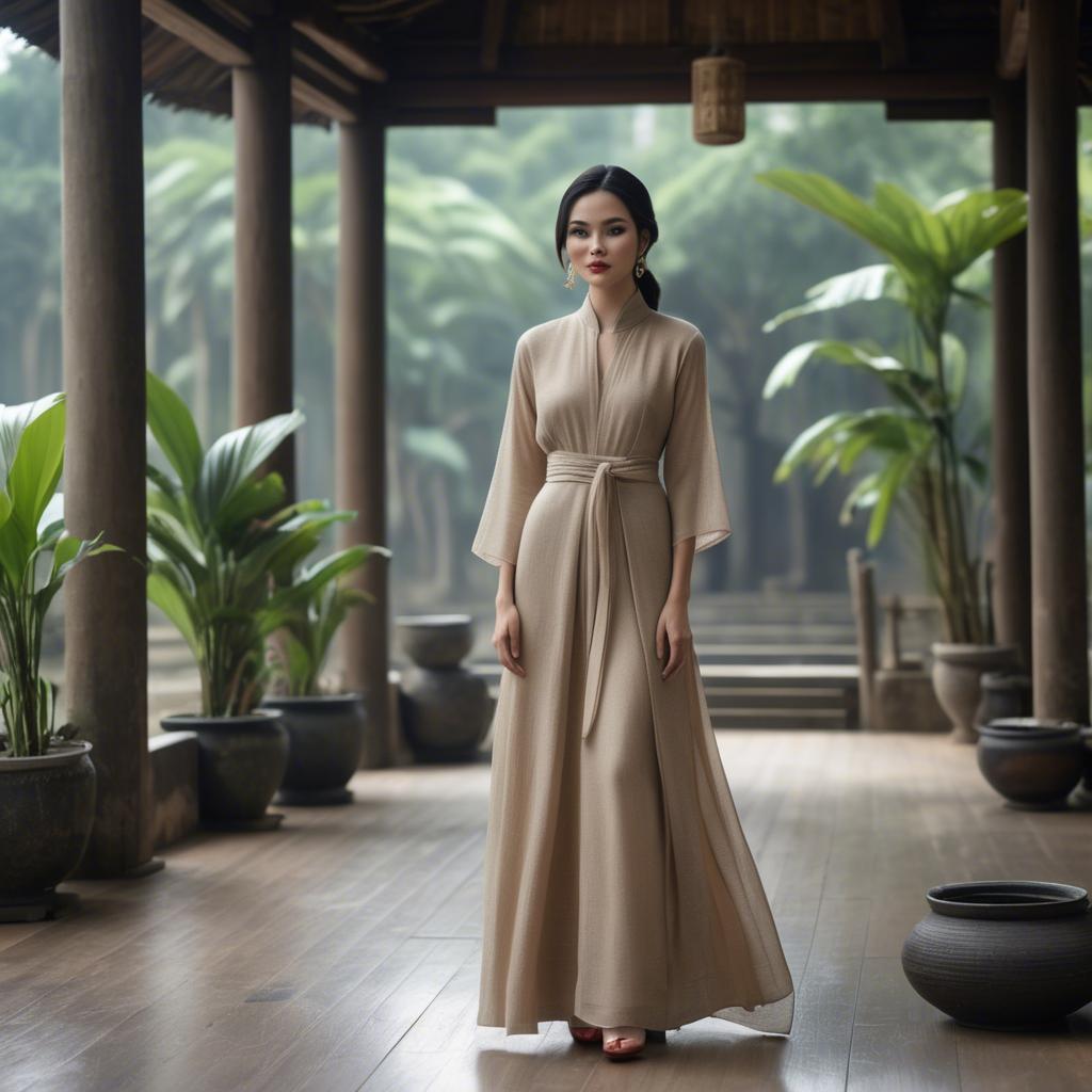 A stunning image of vietnamese elegance in flowing natural fabrics.