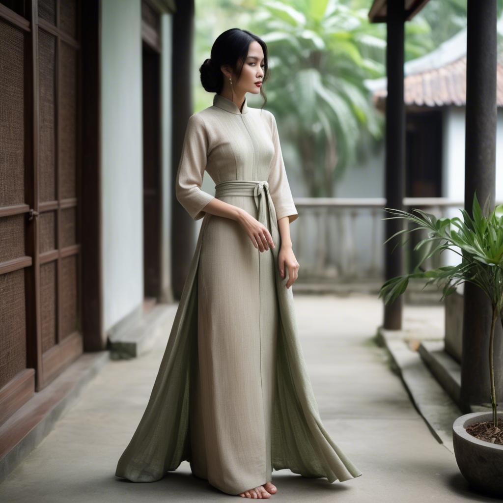 A stunning image of vietnamese elegance in flowing natural fabrics.
