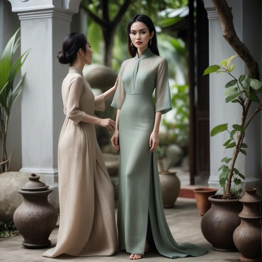 A stunning image of vietnamese elegance in flowing natural fabrics.