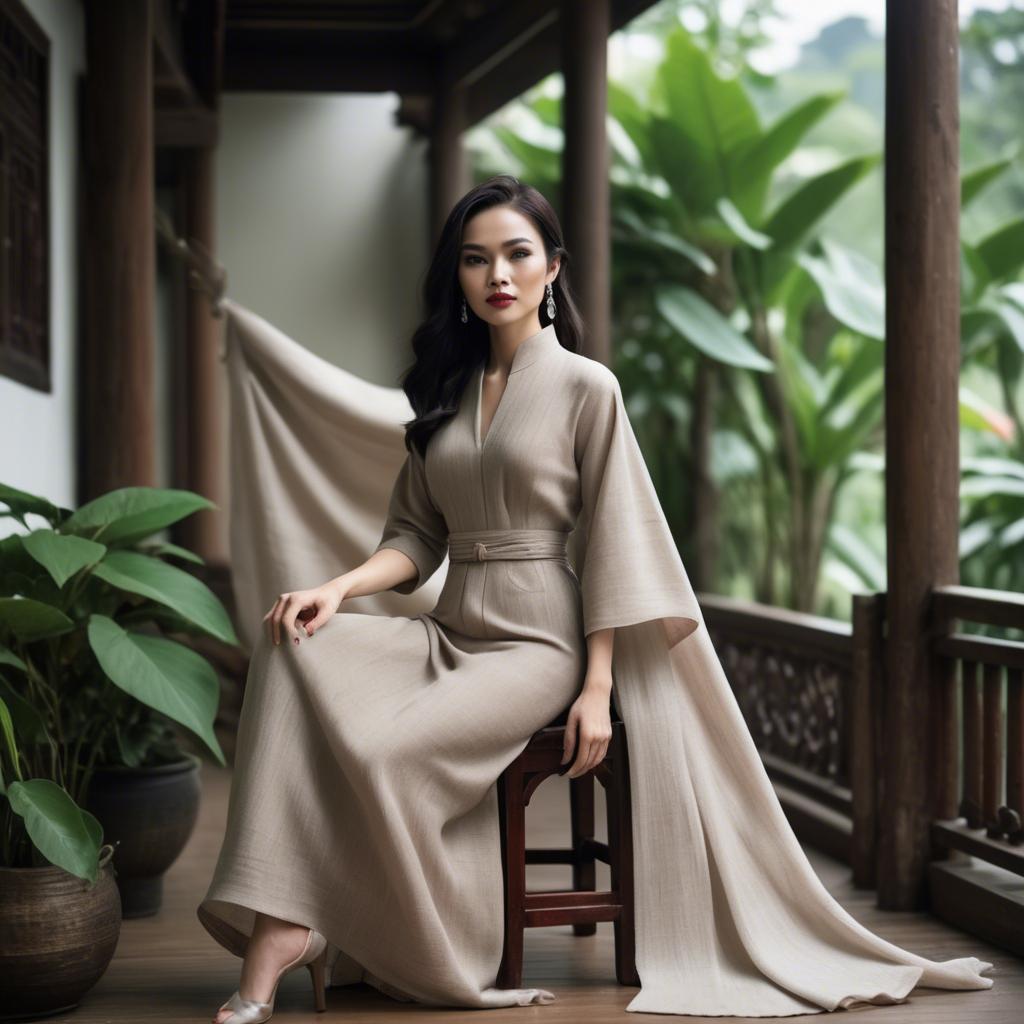 A stunning image of vietnamese elegance in flowing natural fabrics.