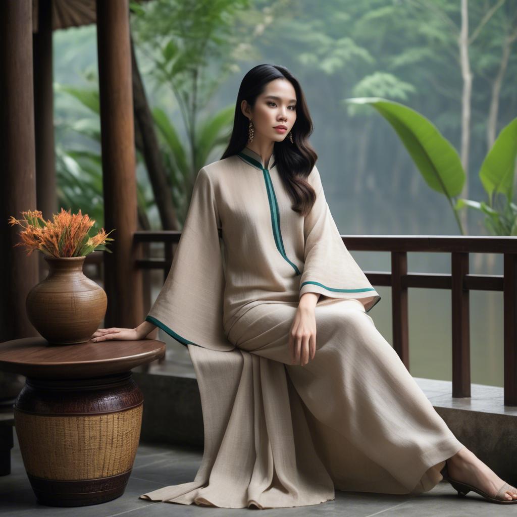 A stunning image of vietnamese elegance in flowing natural fabrics.