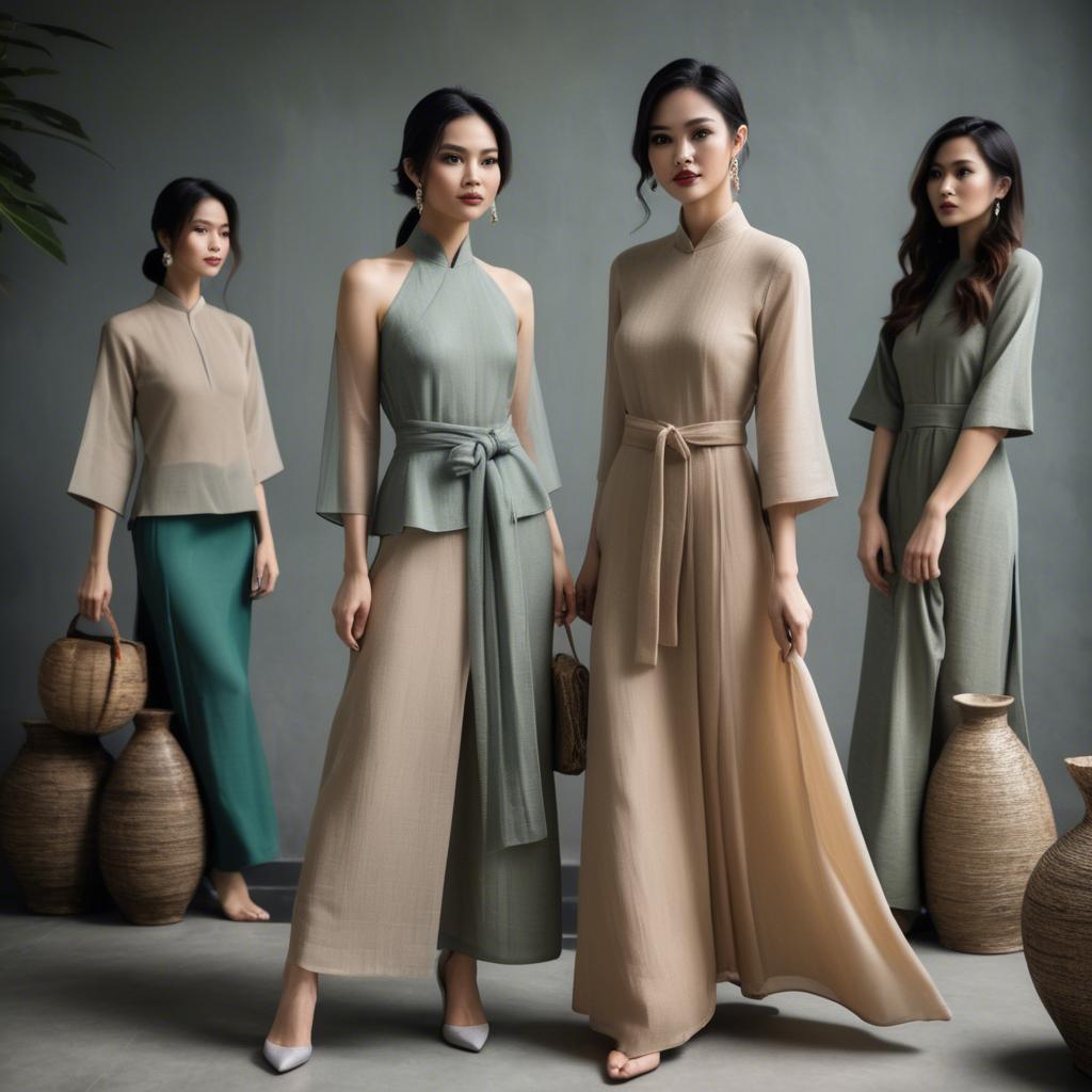 A stunning image of vietnamese elegance in flowing natural fabrics.