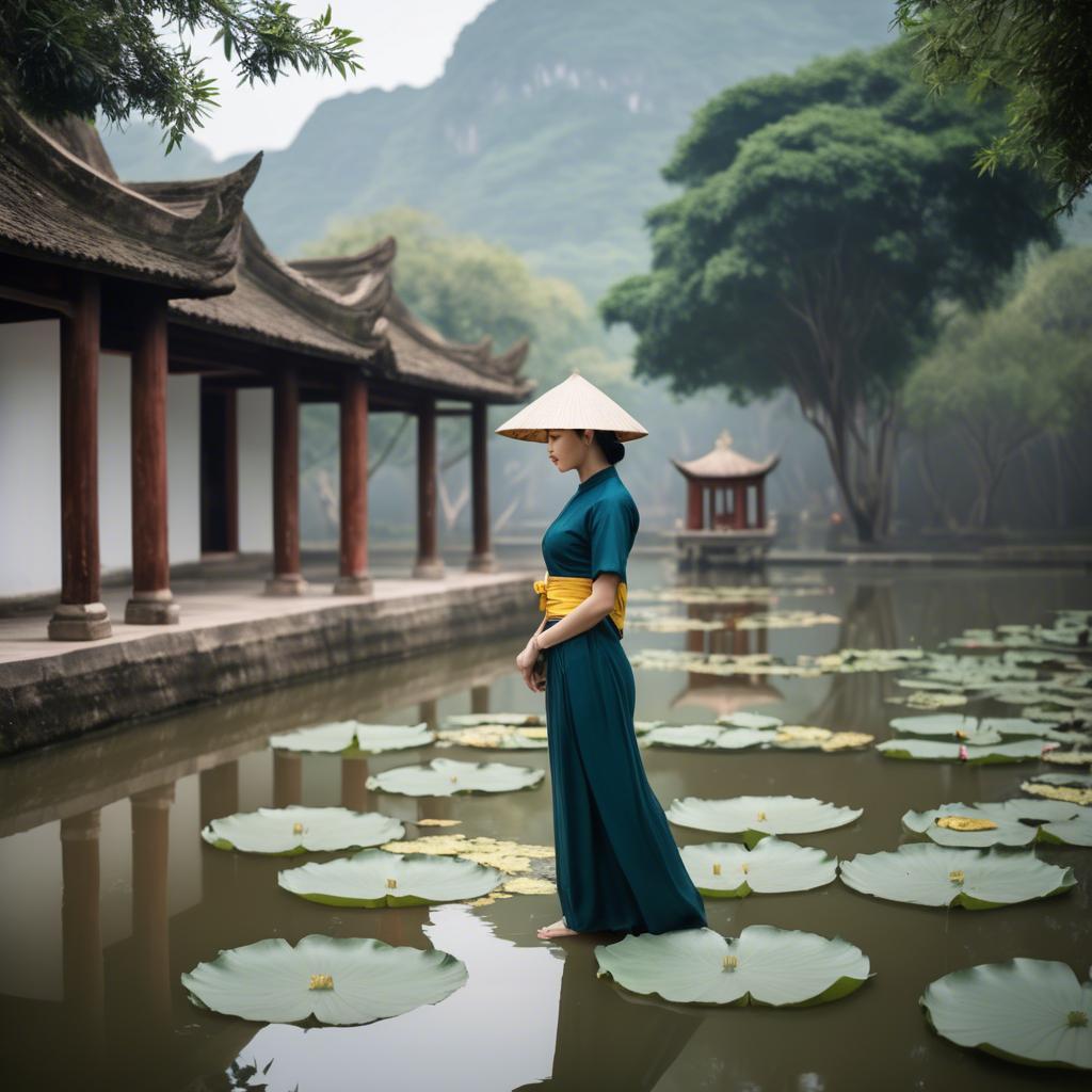 A stunning image of vietnamese grace in a flowing ã¡o dã i framed by serene lotus-filled landscapes.