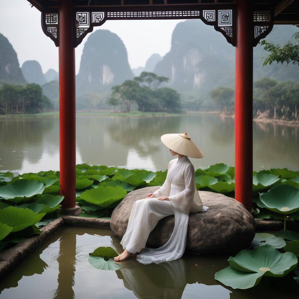 A stunning image of vietnamese grace in a flowing ã¡o dã i framed by serene lotus-filled landscapes.