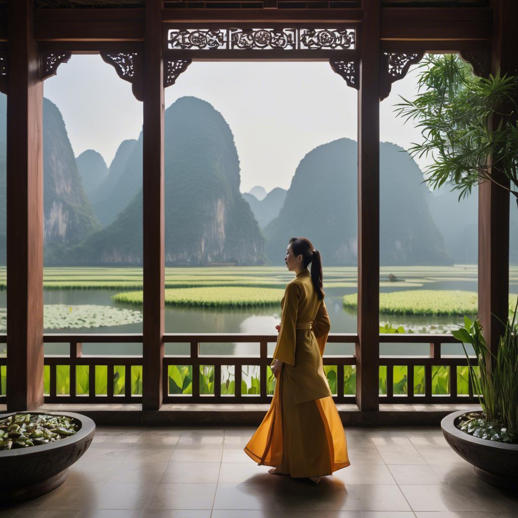 A stunning image of vietnamese grace in a flowing ã¡o dã i framed by serene lotus-filled landscapes.