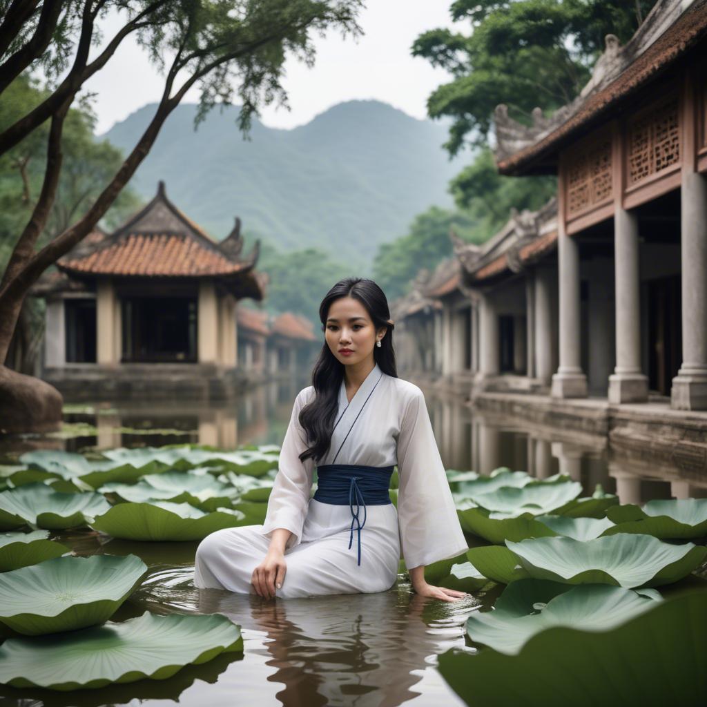 A stunning image of vietnamese grace in a flowing ã¡o dã i framed by serene lotus-filled landscapes.