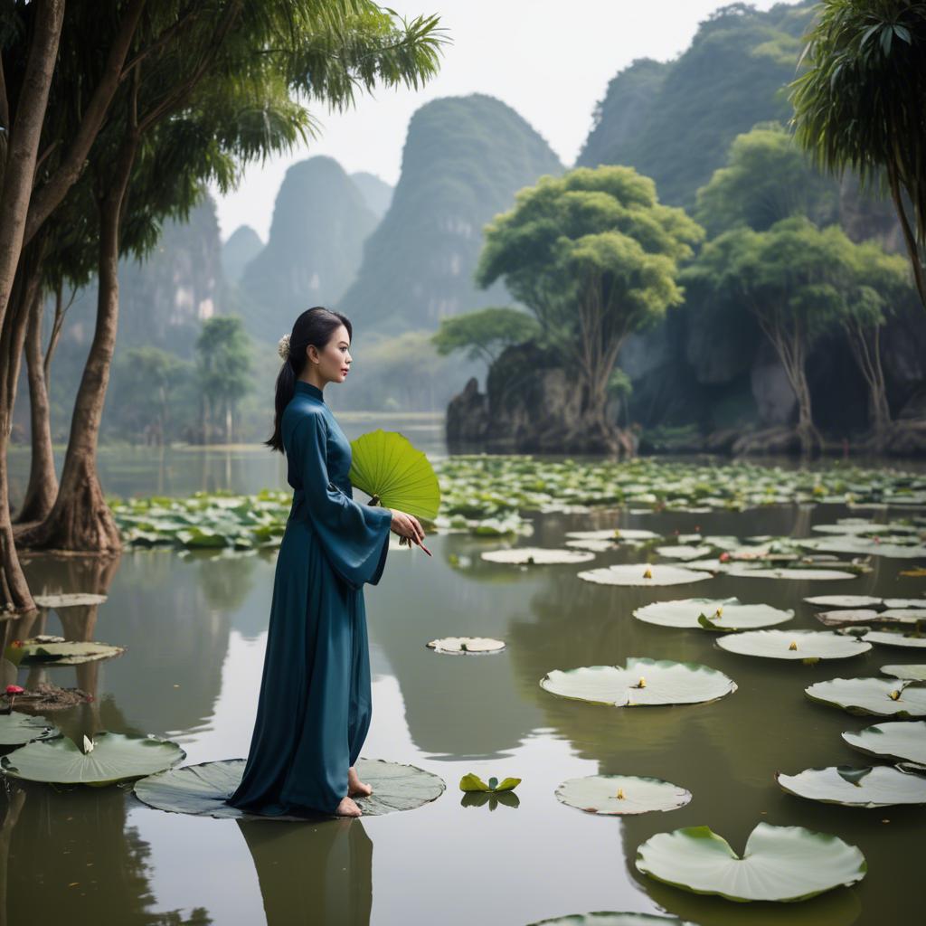 A stunning image of vietnamese grace in a flowing ã¡o dã i framed by serene lotus-filled landscapes.