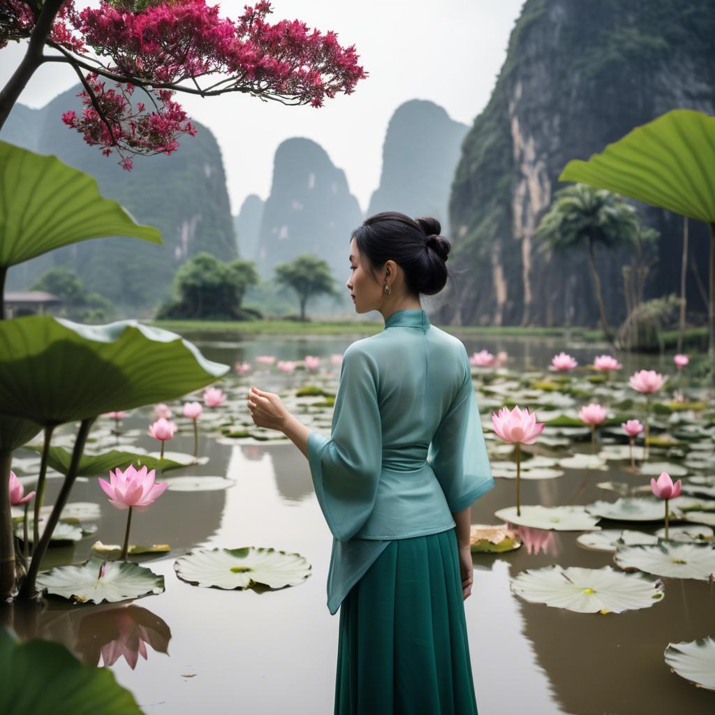A stunning image of vietnamese grace in a flowing ã¡o dã i framed by serene lotus-filled landscapes.