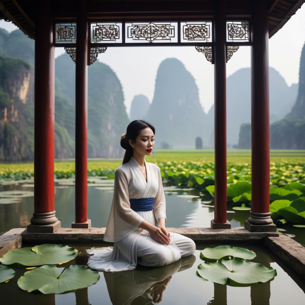 A stunning image of vietnamese grace in a flowing ã¡o dã i framed by serene lotus-filled landscapes.