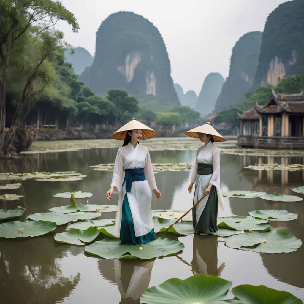 A stunning image of vietnamese grace in a flowing ã¡o dã i framed by serene lotus-filled landscapes.