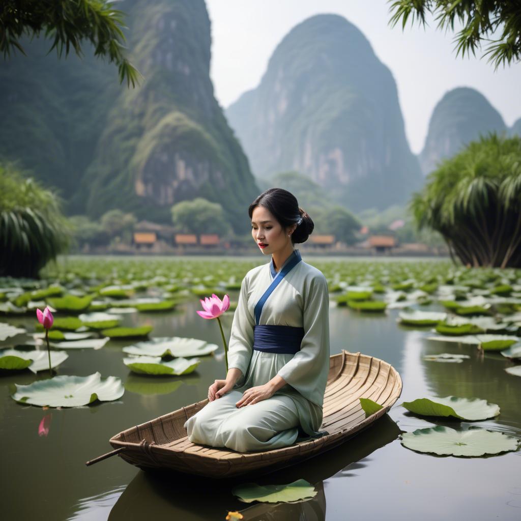 A stunning image of vietnamese grace in a flowing ã¡o dã i framed by serene lotus-filled landscapes.