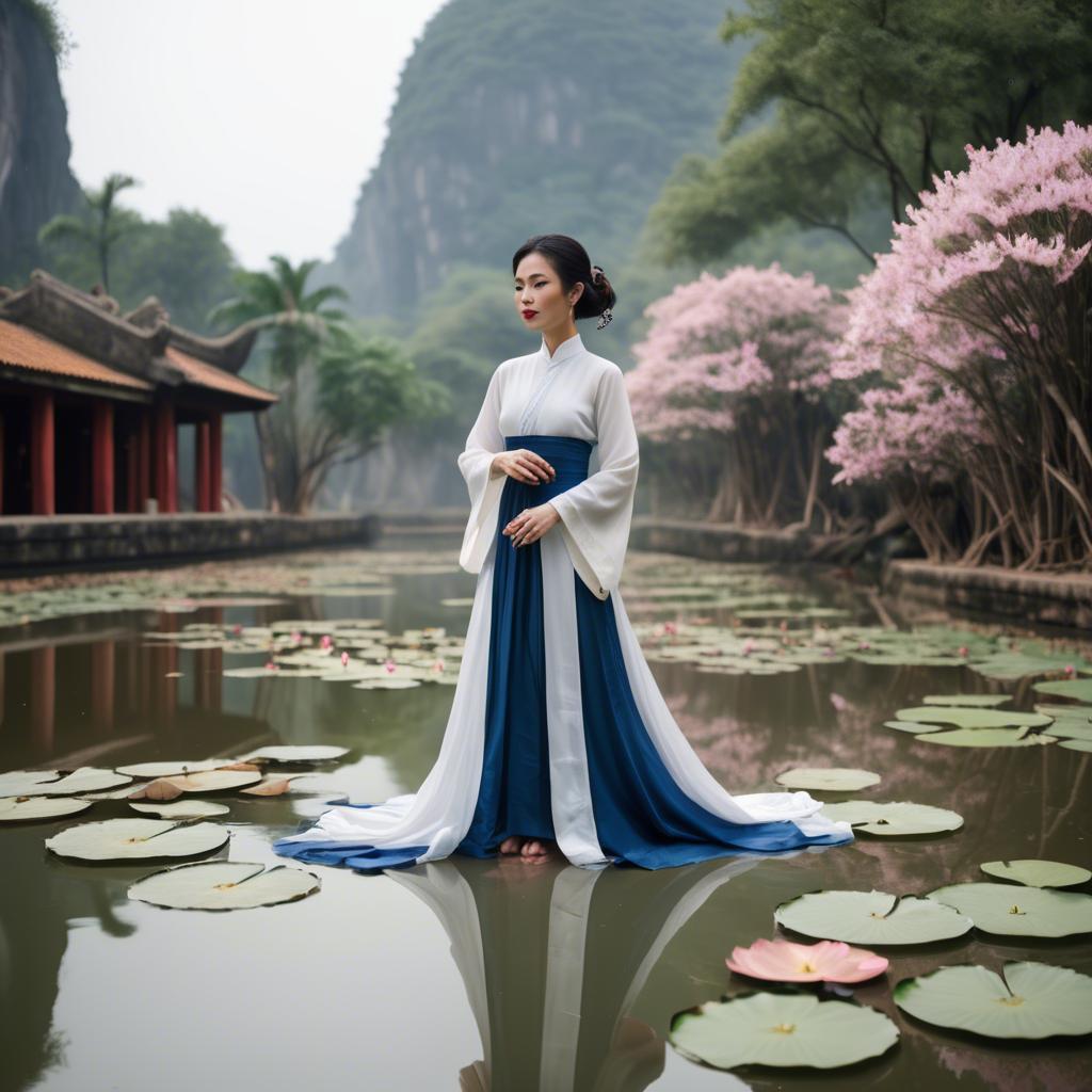 A stunning image of vietnamese grace in a flowing ã¡o dã i framed by serene lotus-filled landscapes.