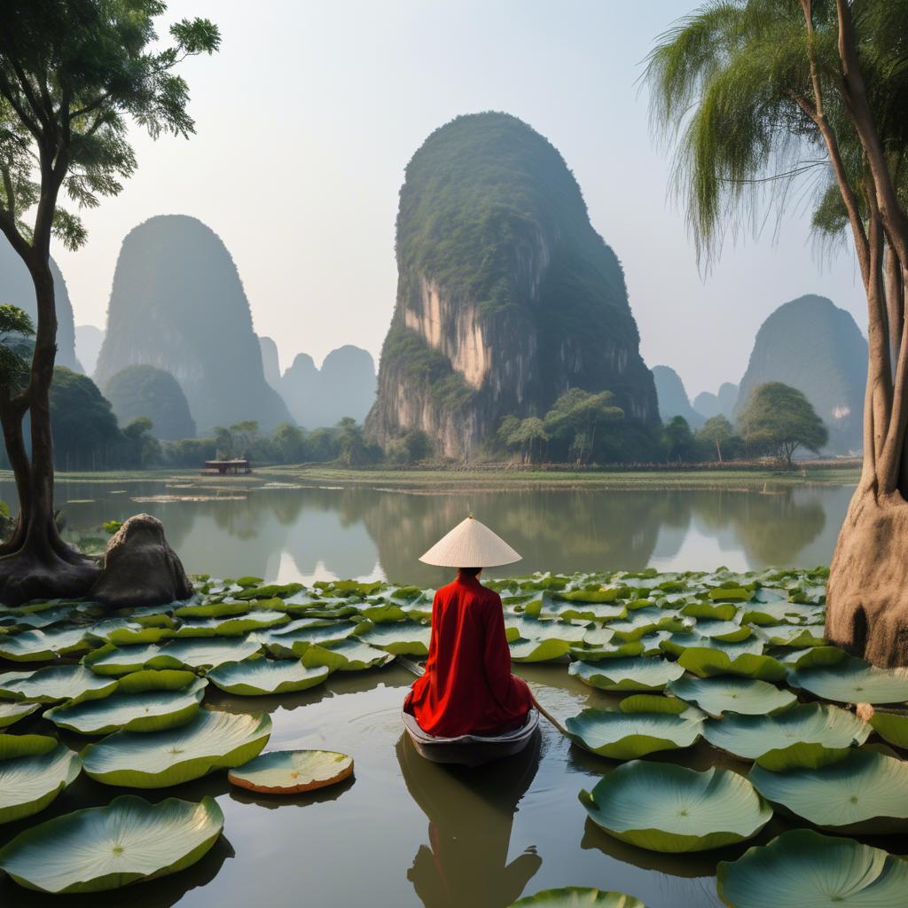 A stunning image of vietnamese grace in a flowing ã¡o dã i framed by serene lotus-filled landscapes.