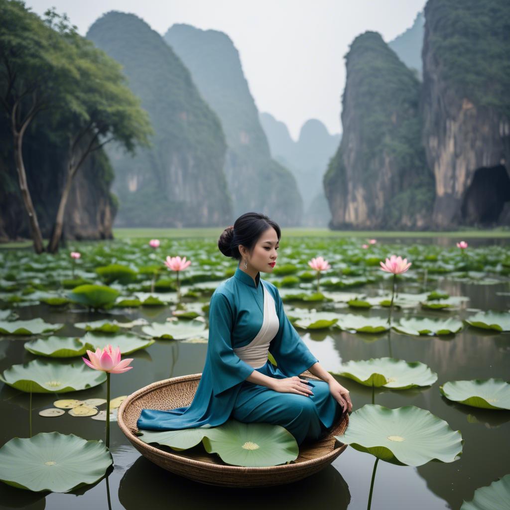 A stunning image of vietnamese grace in a flowing ã¡o dã i framed by serene lotus-filled landscapes.