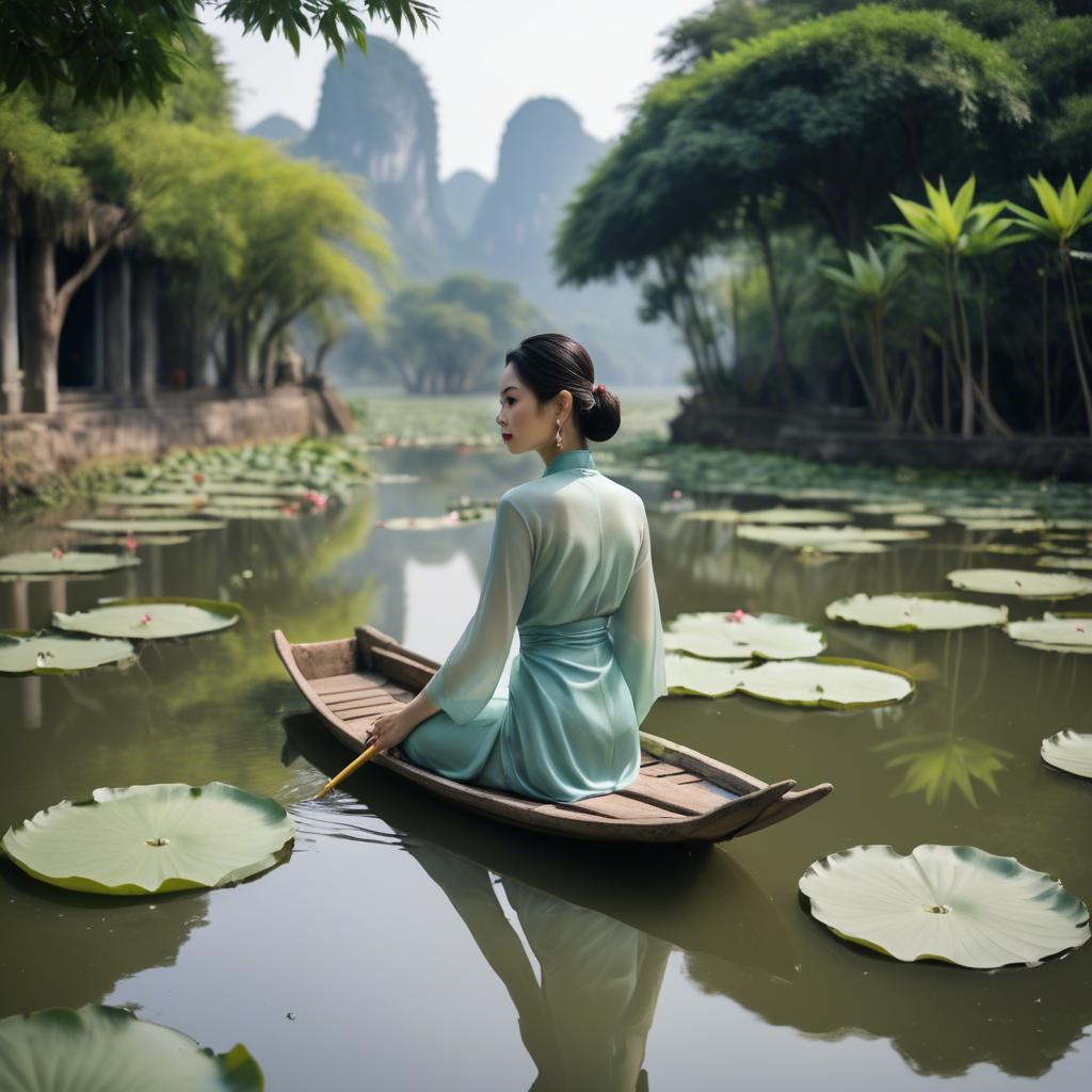 A stunning image of vietnamese grace in a flowing ã¡o dã i framed by serene lotus-filled landscapes.