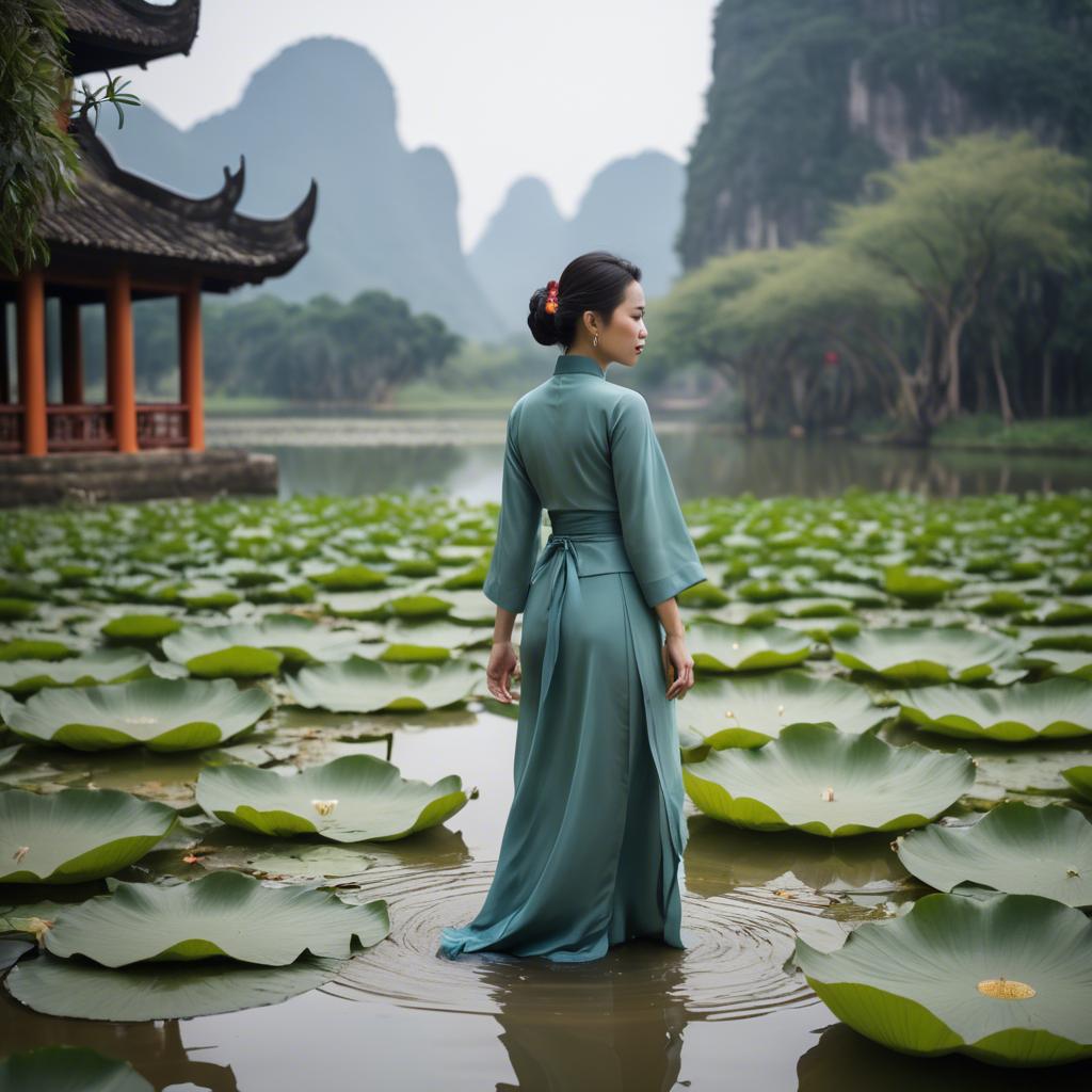 A stunning image of vietnamese grace in a flowing ã¡o dã i framed by serene lotus-filled landscapes.