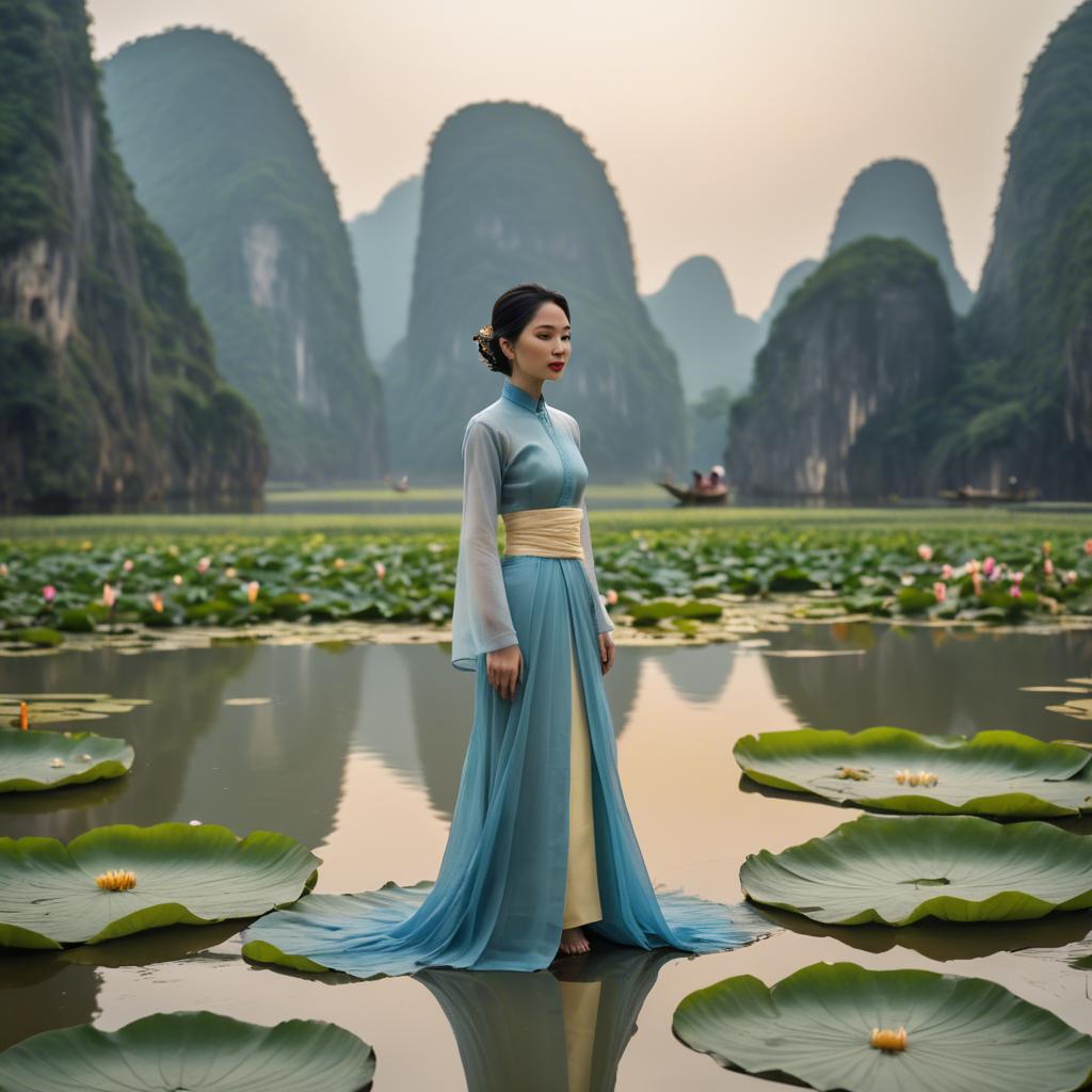 A stunning image of vietnamese grace in a flowing ã¡o dã i framed by serene lotus-filled landscapes.