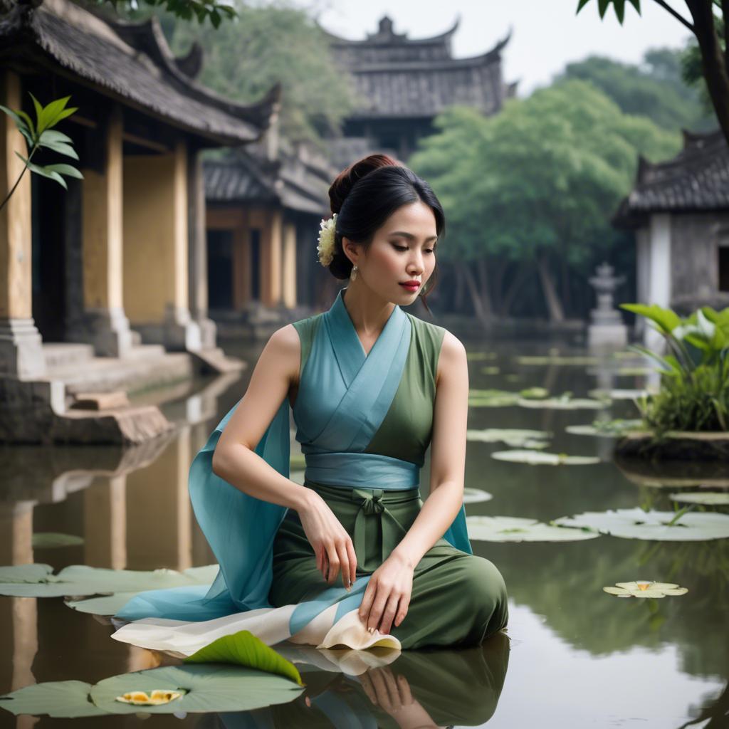 A stunning image of vietnamese grace in a flowing ã¡o dã i framed by serene lotus-filled landscapes.