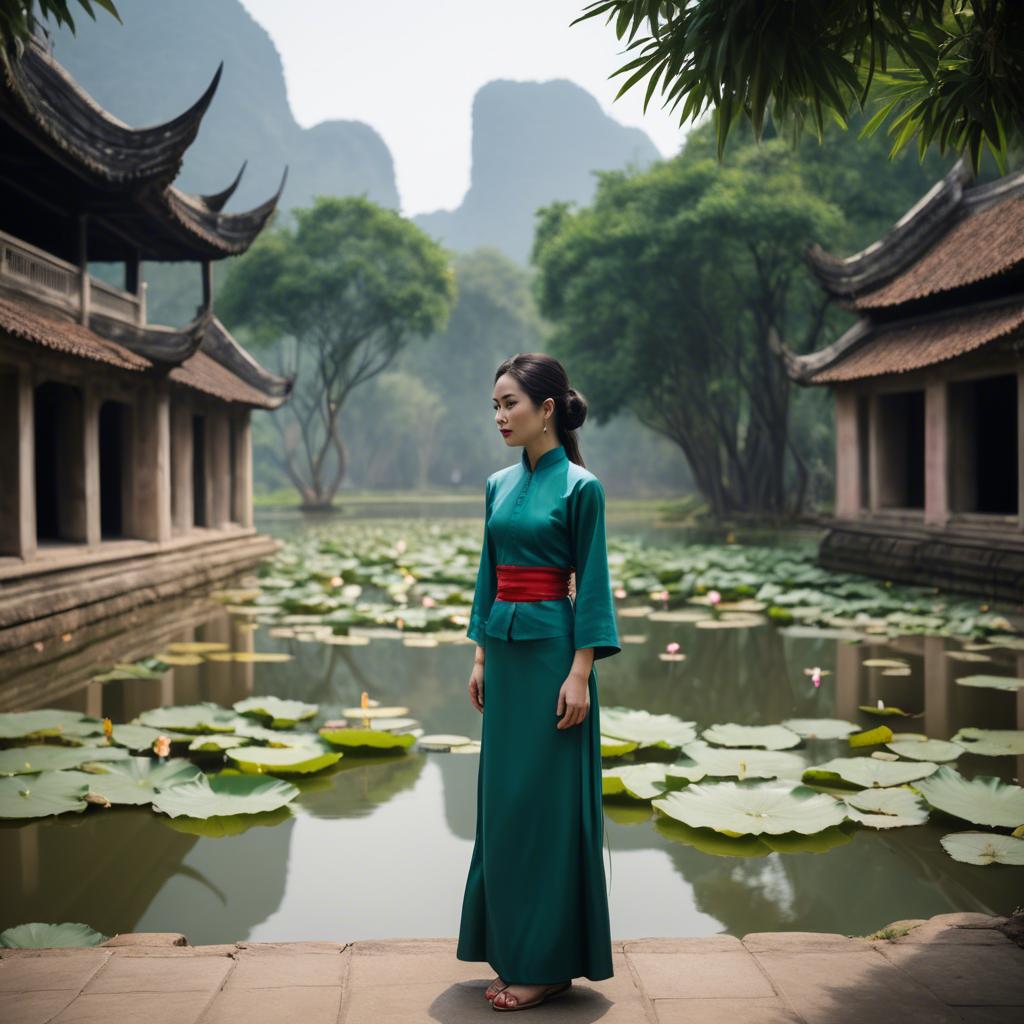 A stunning image of vietnamese grace in a flowing ã¡o dã i framed by serene lotus-filled landscapes.