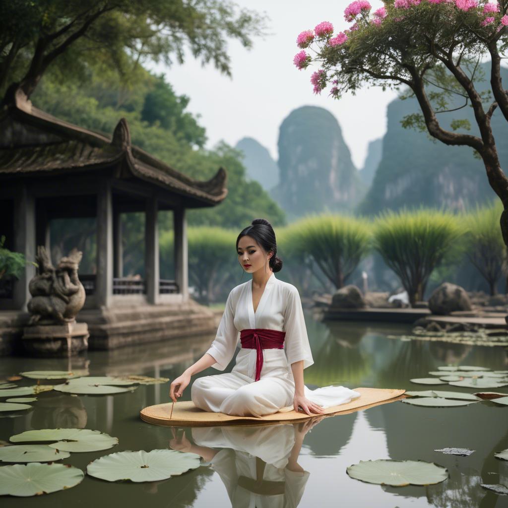 A stunning image of vietnamese grace in a flowing ã¡o dã i framed by serene lotus-filled landscapes.
