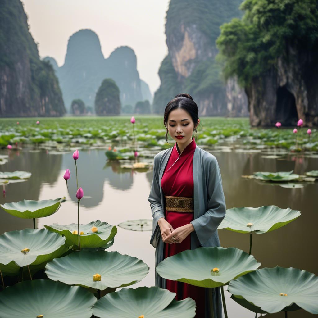 A stunning image of vietnamese grace in a flowing ã¡o dã i framed by serene lotus-filled landscapes.