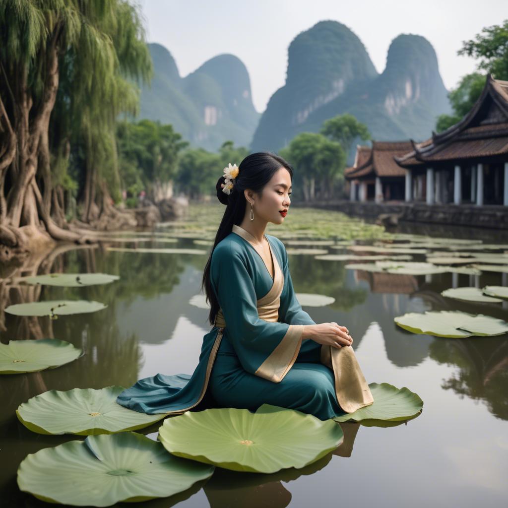 A stunning image of vietnamese grace in a flowing ã¡o dã i framed by serene lotus-filled landscapes.