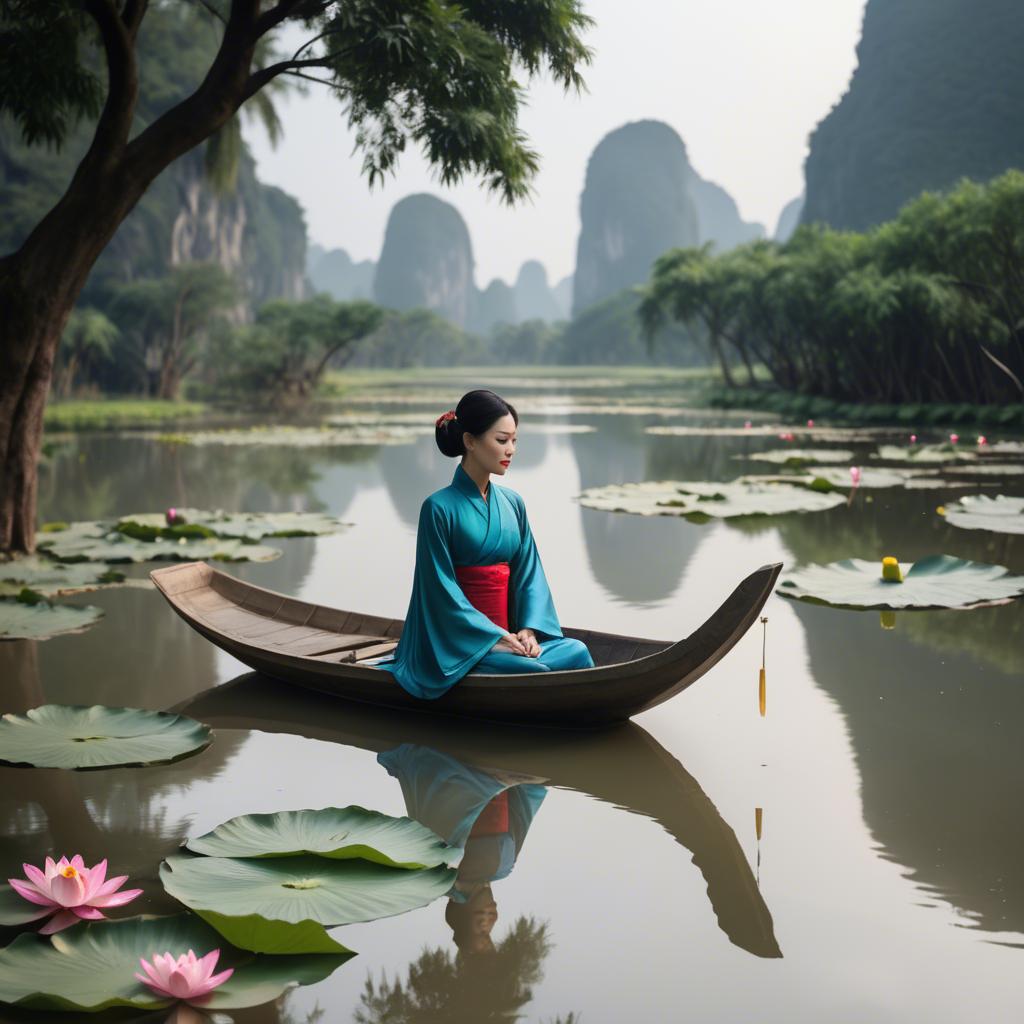 A stunning image of vietnamese grace in a flowing ã¡o dã i framed by serene lotus-filled landscapes.