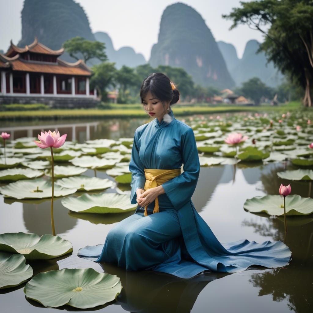 A stunning image of vietnamese grace in a flowing ã¡o dã i framed by serene lotus-filled landscapes.
