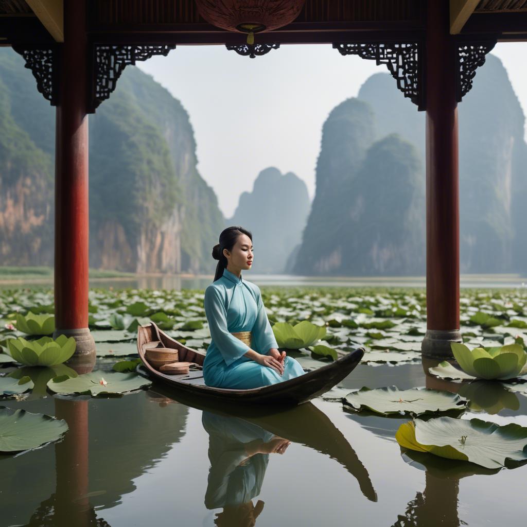 A stunning image of vietnamese grace in a flowing ã¡o dã i framed by serene lotus-filled landscapes.