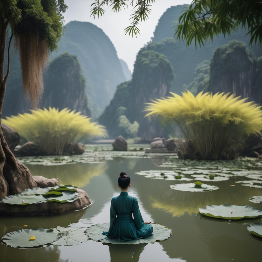 A stunning image of vietnamese grace in a flowing ã¡o dã i framed by serene lotus-filled landscapes.