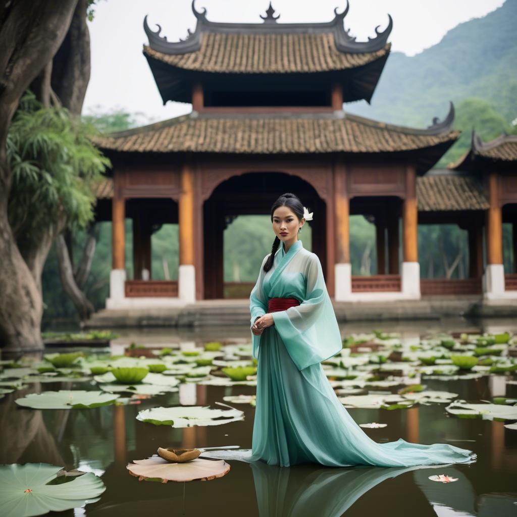A stunning image of vietnamese grace in a flowing ã¡o dã i framed by serene lotus-filled landscapes.
