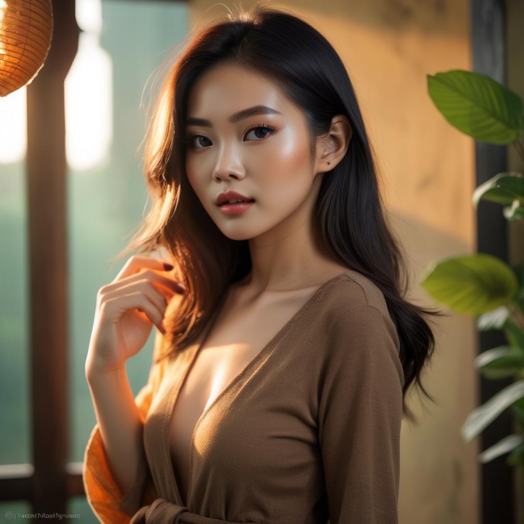 A stunning image of vietnamese model in warm lighting.