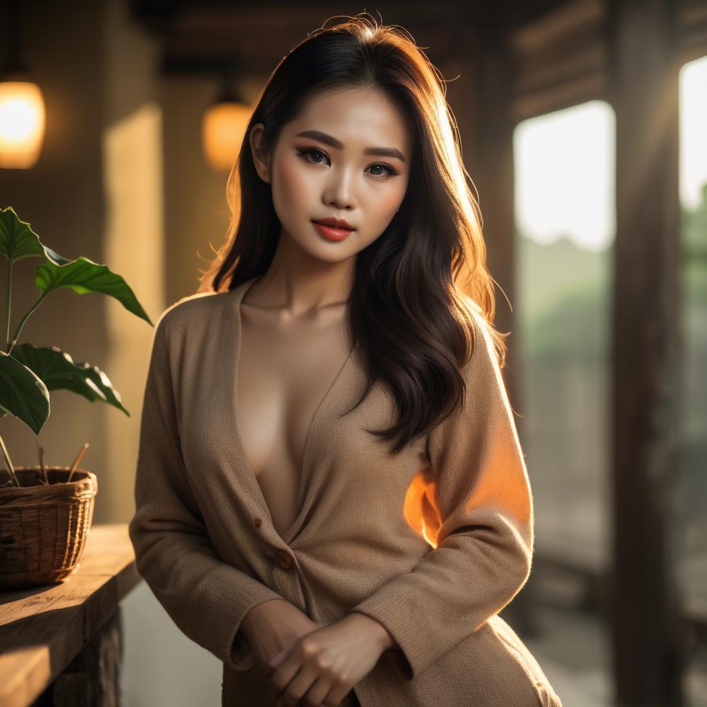 A stunning image of vietnamese model in warm lighting.