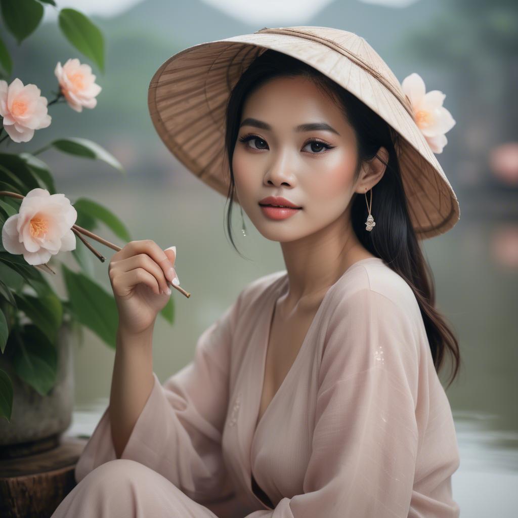 A stunning image of vietnamese woman in soft romantic hues.