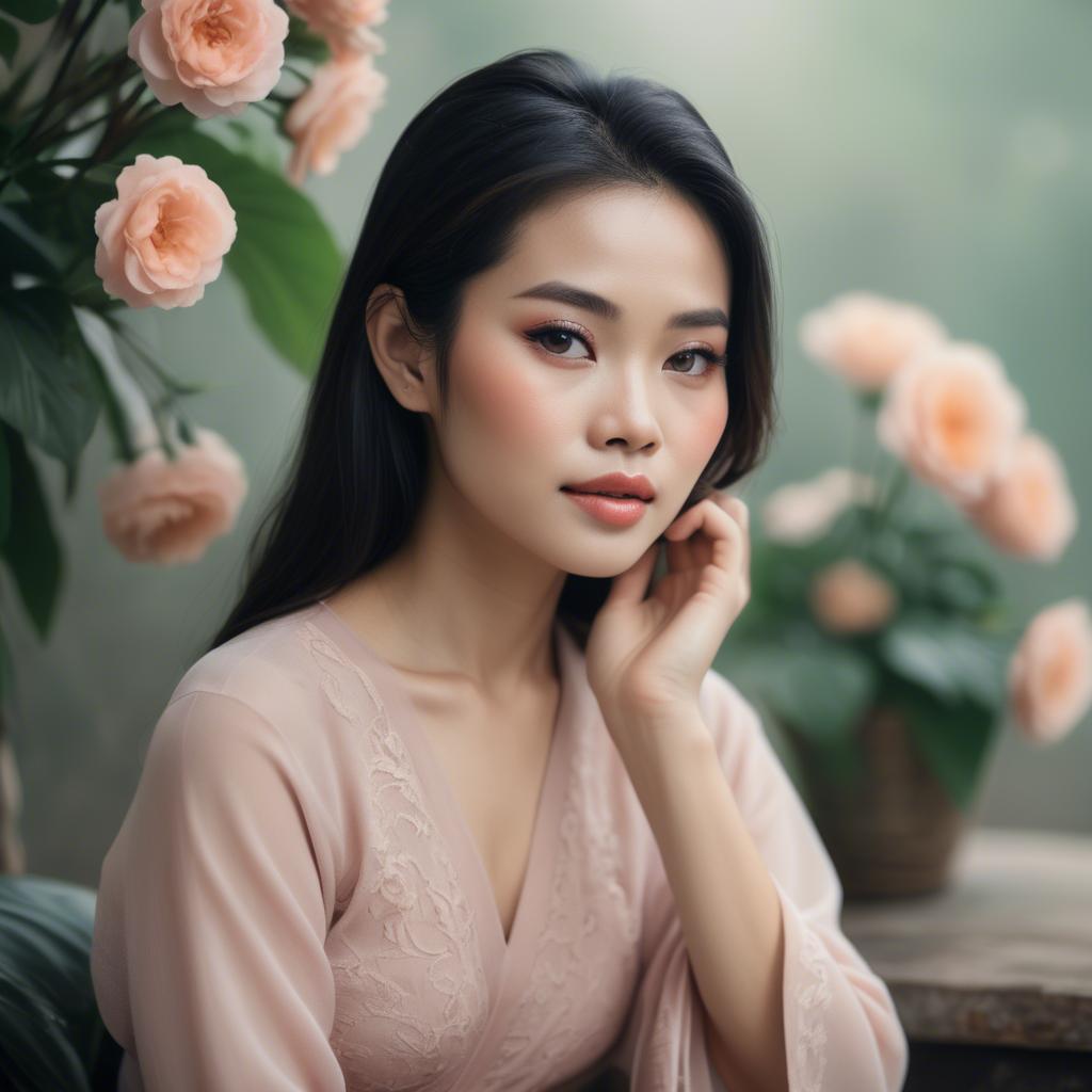 A stunning image of vietnamese woman in soft romantic hues.